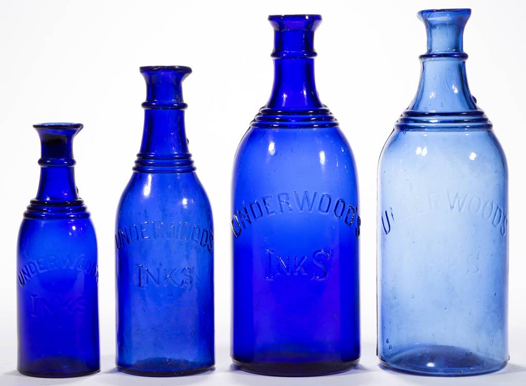 UNDERWOOD'S INKS MASTER BOTTLES, LOT OF FOUR: UNDERWOOD'S INKS MASTER BOTTLES, LOT OF FOUR, one sapphire and three cobalt blue, each cylindrical form with three rings to shoulder and one ring to neck, embossed 'UNDERWOOD'S / INKS" to front, mouth