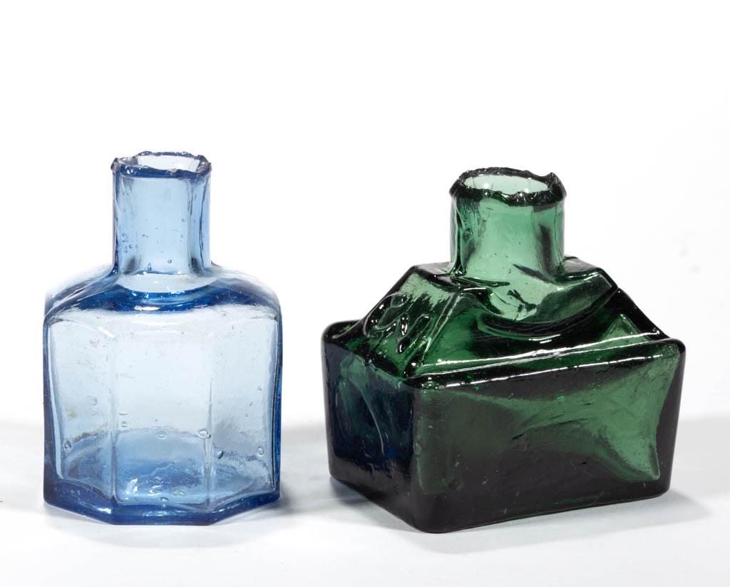 ASSORTED BLOWN-MOLDED INK BOTTLES, LOT OF TWO: ASSORTED BLOWN-MOLDED INK BOTTLES, LOT OF TWO, comprising a cornflower blue octagonal example, and a dark emerald green rectangular example with "3" embossed on each end of shoulder and pen ledge to e