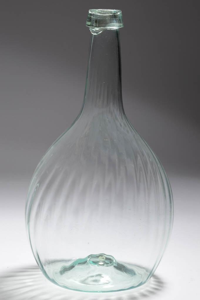 PATTERN-MOLDED CHESTNUT-FORM LARGE FLASK: PATTERN-MOLDED CHESTNUT-FORM LARGE FLASK, aquamarine, flattened ovoid form with 34 vertical ribs terminating at lower neck, applied broad sloping mouth, kick-up base with rough pontil mark. Probably M