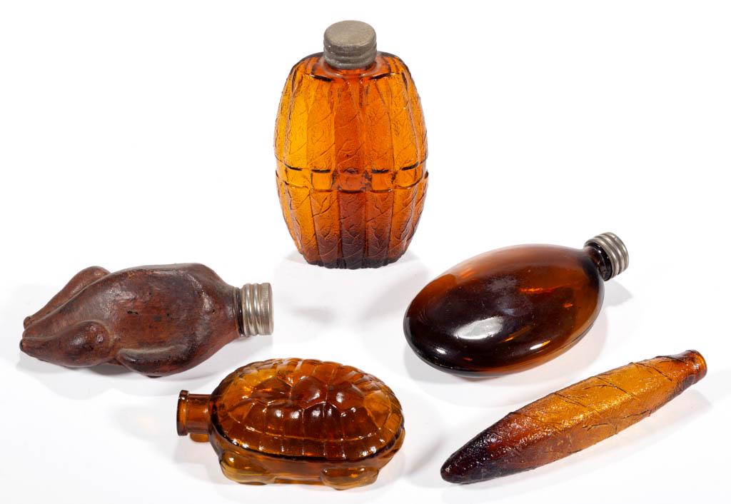 ASSORTED BLOWN-MOLDED FIGURAL WHISKEY BOTTLES / NIP: ASSORTED BLOWN-MOLDED FIGURAL WHISKEY BOTTLES / NIP FLASKS, LOT OF FOUR, amber, comprising a turtle, a roasted turkey with original cold-painted decoration, a cigar, and a bunch of cigars, two with or