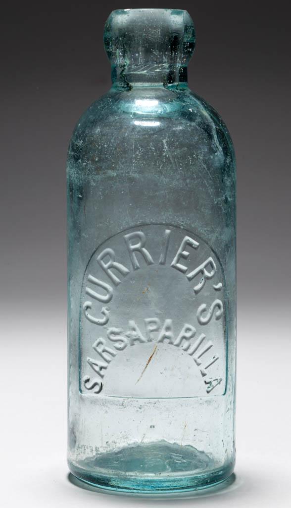 CURRIER'S SARSAPARILLA BOTTLE: CURRIER'S SARSAPARILLA BOTTLE, aquamarine, cylindrical Hutchinson form embossed "CURRIER'S / SARSAPARILLA" within an arched panel, tooled blob top, base embossed "C. 36. / 3." Charles Ozni Currier, St