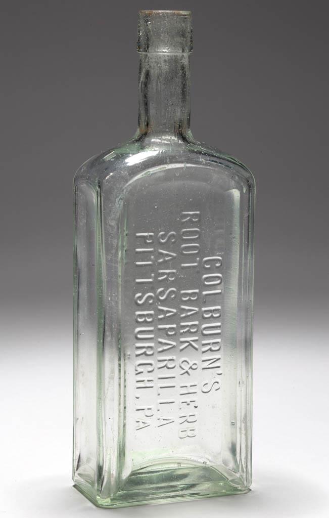 COLBURN'S SARSAPARILLA BOTTLE: COLBURN'S SARSAPARILLA BOTTLE, colorless with a green tint, rectangular form embossed "COLBURN'S / ROOT, BARK & HERB / SARSAPARILLA / PITTSBURG, PA.", tooled broad sloping mouth, plain base. Circa 190