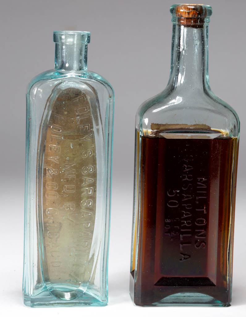 ASSORTED SARSAPARILLA BOTTLES, LOT OF TWO: ASSORTED SARSAPARILLA BOTTLES, LOT OF TWO, aquamarine, each rectangular form, first embossed "FOLEY'S SARSAPARILLA / MFD. BY / FOLEY & CO. CHICAGO.", second "MILTONS / SARSAPARILLA / 50 CTS (underline
