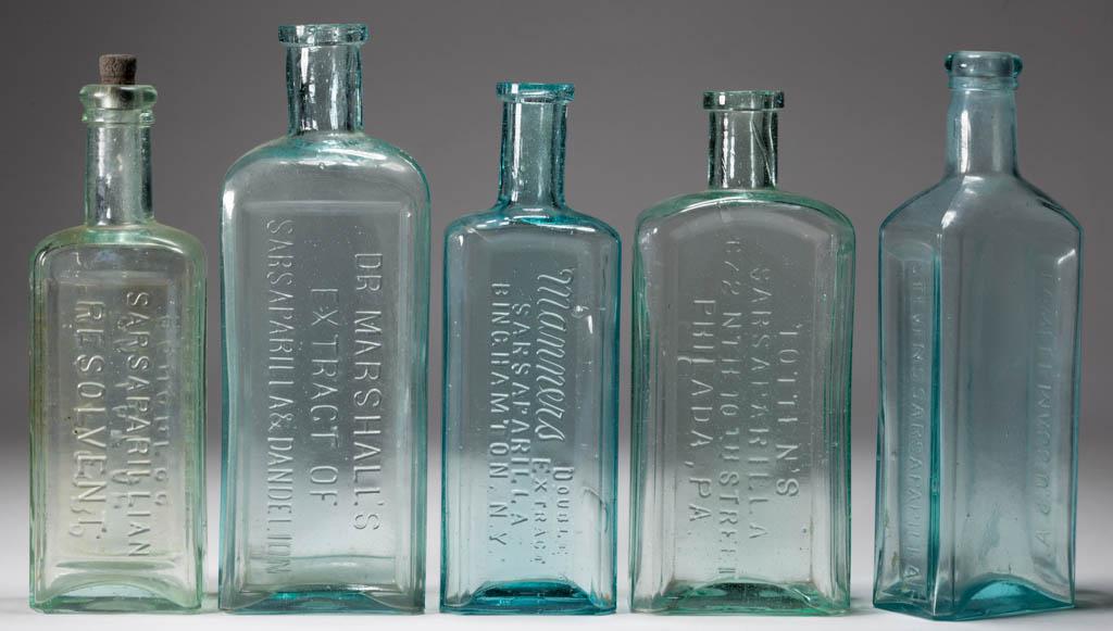 ASSORTED SARSAPARILLA BOTTLES, LOT OF FIVE: ASSORTED SARSAPARILLA BOTTLES, LOT OF FIVE, aquamarine and light green, each rectangular form, embossed for Radway's Sarsaparillian Resolvent, Totten's, Steven's, Manners Double Extract, and Dr. Marsh