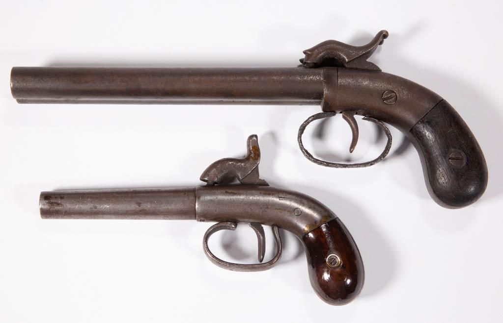 ANTIQUE PERCUSSION PISTOLS, LOT OF TWO: ANTIQUE PERCUSSION PISTOLS, LOT OF TWO, comprising an Allen & Wheelock double-barrel, serial no. 124, and an unmarked boot pistol, serial no. 201, each with hardwood grip. Mid 19th century. 6 1/2" and