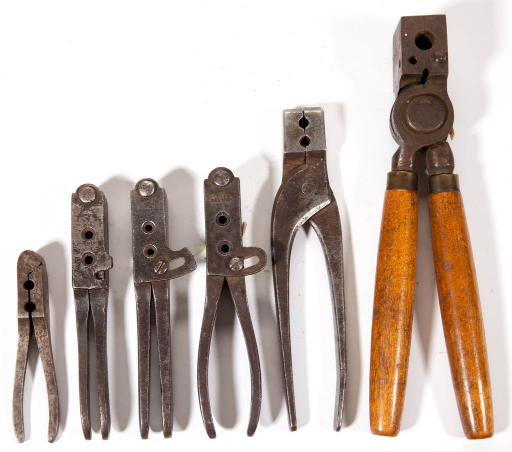 ASSORTED CIVIL WAR ERA IRON BULLET MOLDS, LOT OF FIVE: ASSORTED CIVIL WAR ERA IRON BULLET MOLDS, LOT OF FIVE, each with two compartments, one stamped "COLTS PATENT". Together with a later example with wooden handles stamped "IDEAL / MIDDLEFIELD, Ct, U.S.A