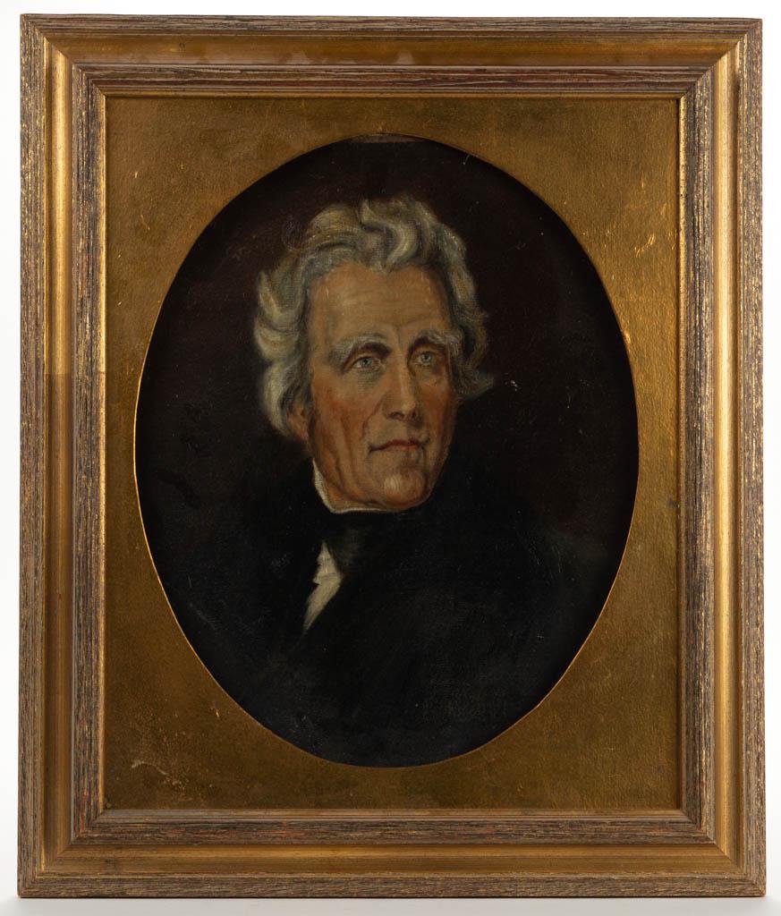 AMERICAN SCHOOL (19TH CENTURY) PORTRAIT: AMERICAN SCHOOL (19TH CENTURY) PORTRAIT, oil on canvas, bust-length depiction of Andrew Jackson, after the original by Thomas Sully. Housed in modern gilt frame. Fourth quarter 19th/first quarter 20th