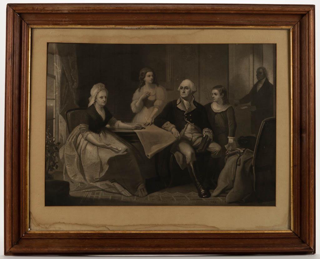 AMERICAN HISTORICAL WASHINGTON FAMILY ENGRAVING: AMERICAN HISTORICAL WASHINGTON FAMILY ENGRAVING, by William Sartain after a painting by Christian Schussele, published in Philadelphia. Housed under glass in probably original frame. Circa 1865. 17 1/