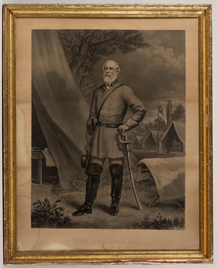 ROBERT E. LEE HISTORICAL STEEL ENGRAVING: ROBERT E. LEE HISTORICAL STEEL ENGRAVING, featuring the General in uniform at camp with facsimile signature in lower margin, after a photograph by Matthew Brady, marked "PUBLISHED BY T. KELLY 264 3RD