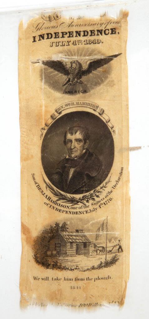 AMERICAN HISTORICAL WILLIAM HENRY HARRISON CAMPAIGN: AMERICAN HISTORICAL WILLIAM HENRY HARRISON CAMPAIGN RIBBON, silk, for "Glorious Anniversary of our / INDEPENDENCE, / JULY 4th 1840.", over patriotic eagle, above framed oval bust of General William He