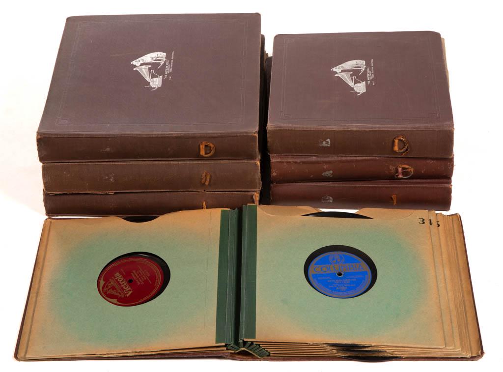VICTROLA TALKING MACHINE CO. ALBUMS WITH RECORDS, LOT: VICTROLA TALKING MACHINE CO. ALBUMS WITH RECORDS, LOT OF SEVEN, each album with cover featuring Nipper with a gramophone, ten records, and pencil inscribed inventory to the interior. Circa 1900. Vario
