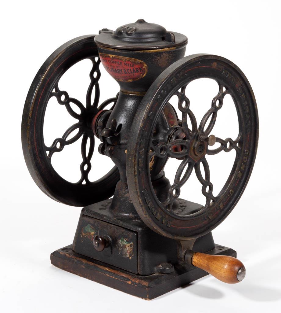 LANDERS, FRARY & CLARK NO. 20 CAST-IRON TWO-WHEEL: LANDERS, FRARY & CLARK NO. 20 CAST-IRON TWO-WHEEL COFFEE MILL / GRINDER, swivel lid, original wooden base, paint, and decals. Landers, Frary & Clark, New Britain, CT. Late 19th/early 20th century. 12 