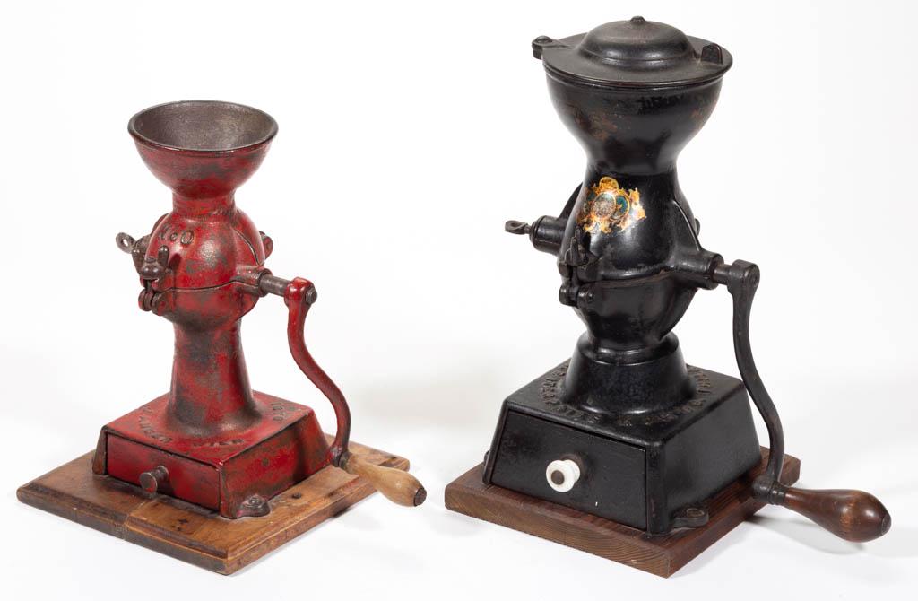 ENTERPRISE NO. 1 CAST-IRON COFFEE MILL / GRINDER: ENTERPRISE NO. 1 CAST-IRON COFFEE MILL / GRINDER, swivel lid, original wooden base and paint. Together with a J. Anger open hopper example having original red paint. Two pieces total. Fourth quarter 1