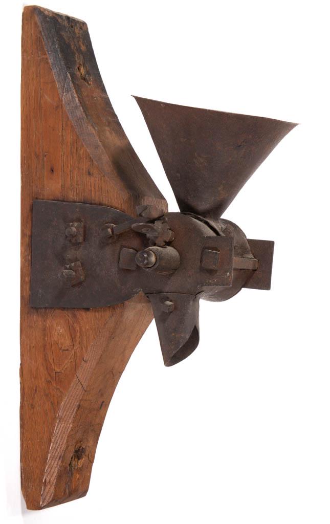 SIGNED WROUGHT-IRON POST-MOUNTED COFFEE MILL / GRINDER: SIGNED WROUGHT-IRON POST-MOUNTED COFFEE MILL / GRINDER, conical-form hopper, grinder support bolt illegibly impressed possibly "JB 7 0", possibly for Jonathan Barnes, hand-crank grinder with notched h