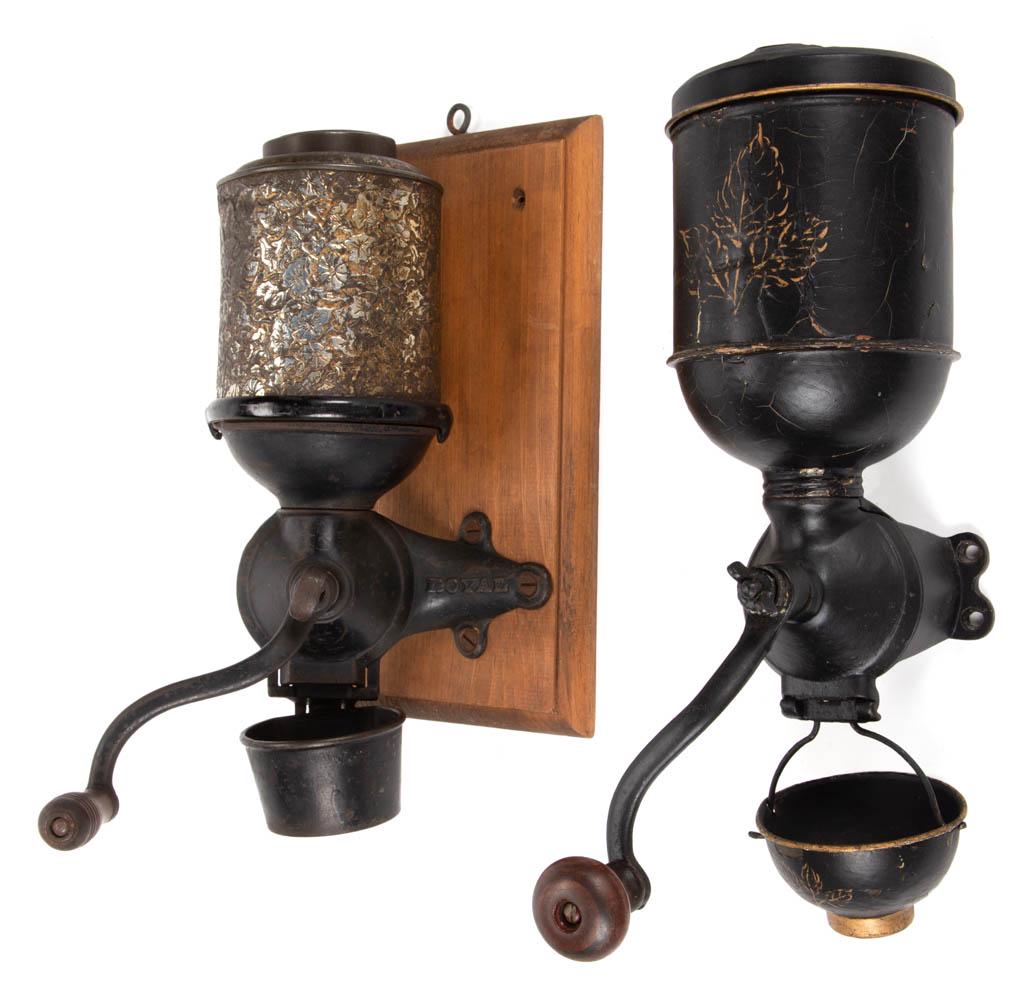ASSORTED MANUFACTURERS CANISTER COFFEE MILLS /: ASSORTED MANUFACTURERS CANISTER COFFEE MILLS / GRINDERS, LOT OF TWO, each with a sheet-iron hopper, cast-iron grinder and hand-crank with wooden knob, comprising an Arcade "Royal" with original catch 