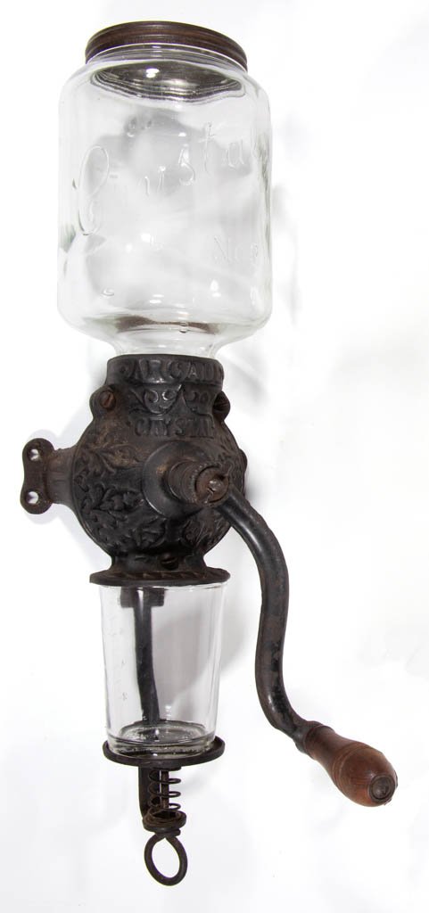 ARCADE MFG. CO. "CRYSTAL NO. 3" WALL-MOUNTED COFFEE: ARCADE MFG. CO. "CRYSTAL NO. 3" WALL-MOUNTED COFFEE MILL / GRINDER, colorless glass hopper embossed diagonally "Crystal No. 3", original hopper cap embossed "Arcade", cast-iron grinder embossed "ARCAD