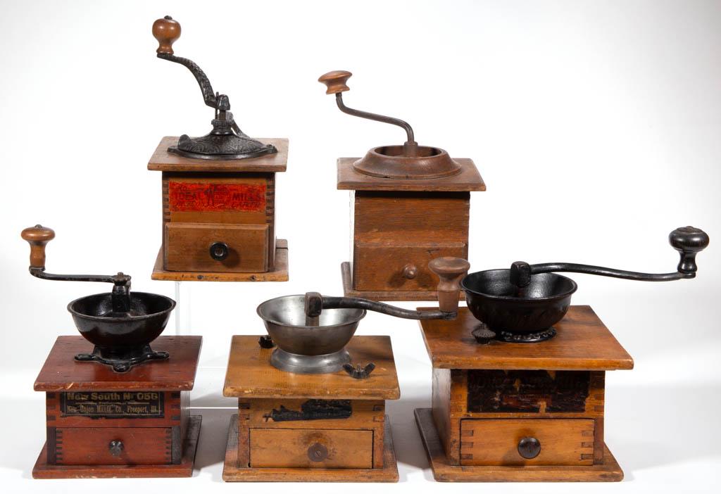 ASSORTED CAST-IRON AND WOOD BOX COFFEE MILLS /: ASSORTED CAST-IRON AND WOOD BOX COFFEE MILLS / GRINDERS, LOT OF FIVE, comprising three raised hopper examples, including a New Union "New South No. 50 example, the Parker Co. "Union", and a Peck Stow