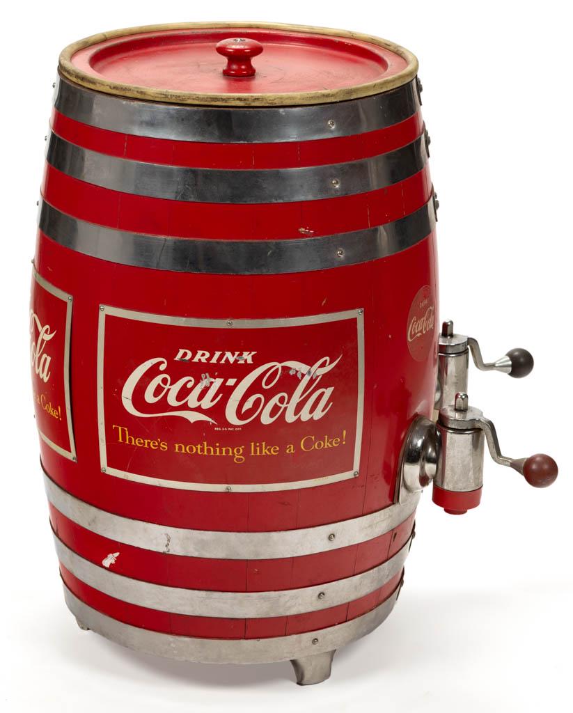 VINTAGE COCA-COLA AND ROOT BEER FOUNTAIN DISPENSER: VINTAGE COCA-COLA AND ROOT BEER FOUNTAIN DISPENSER, wooden barrel form with dual chrome spigots and chrome straps, interior with manufacturer's label for the Multiplex Faucet Co., St. Louis, MO, retai