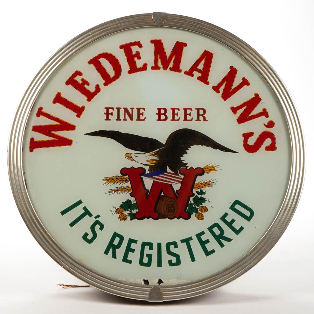 WIEDEMANN'S BREWING COMPANY ADVERTISING LIGHTED SPINNER: WIEDEMANN'S BREWING COMPANY ADVERTISING LIGHTED SPINNER SIGN, circular form, featuring central reverse painted American eagle image perched on a large "W", surrounded by "WIEDEMANN'S / FINE BEER / IT'