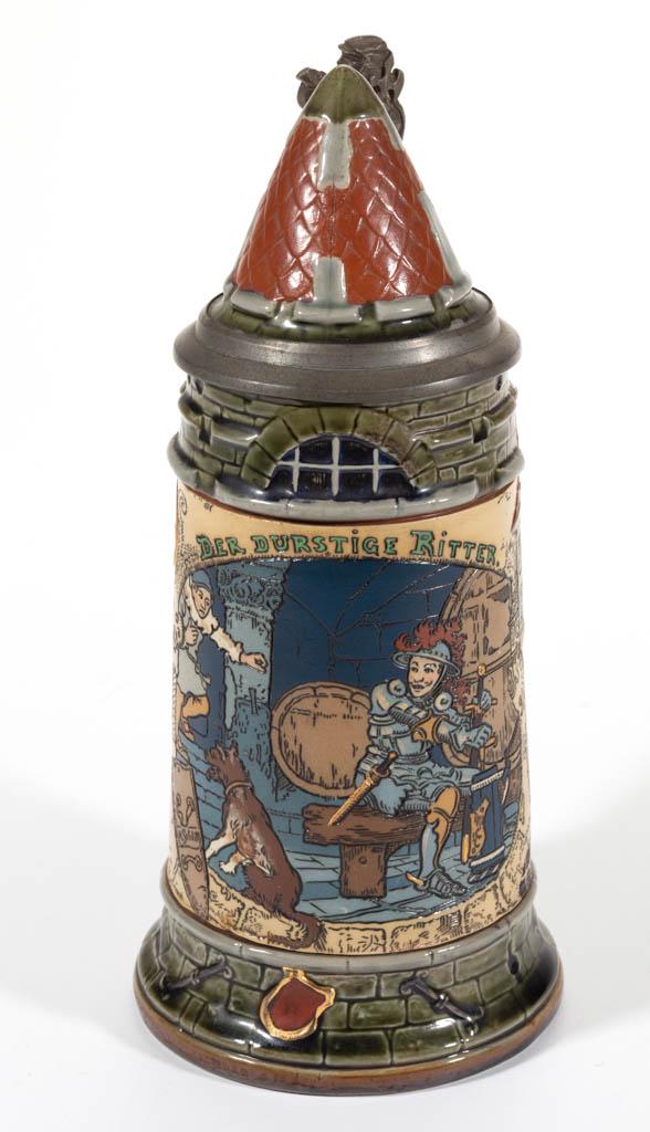 GERMAN METTLACH THIRSTY RIDER / KNIGHT CERAMIC STEIN: GERMAN METTLACH THIRSTY RIDER / KNIGHT CERAMIC STEIN, mold number 2382, having etched sides with three scenes of a knight and dog, shield in central panel signed "H. Schlitt", conical ceramic inset me