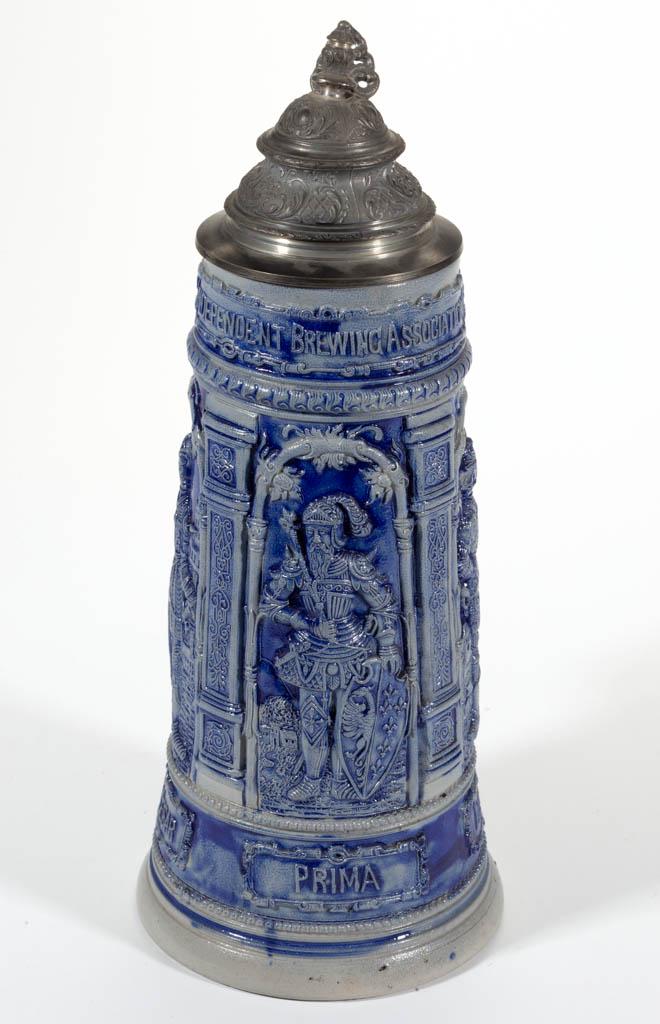 "INDEPENDENT BREWING ASSOCIATION" ADVERTISING STONEWARE: "INDEPENDENT BREWING ASSOCIATION" ADVERTISING STONEWARE STEIN, salt-glazed, featuring relief images of three knights to each side and front, having "PRIMA", "IULIUS CESAR", and "ALEXANDER" below figur
