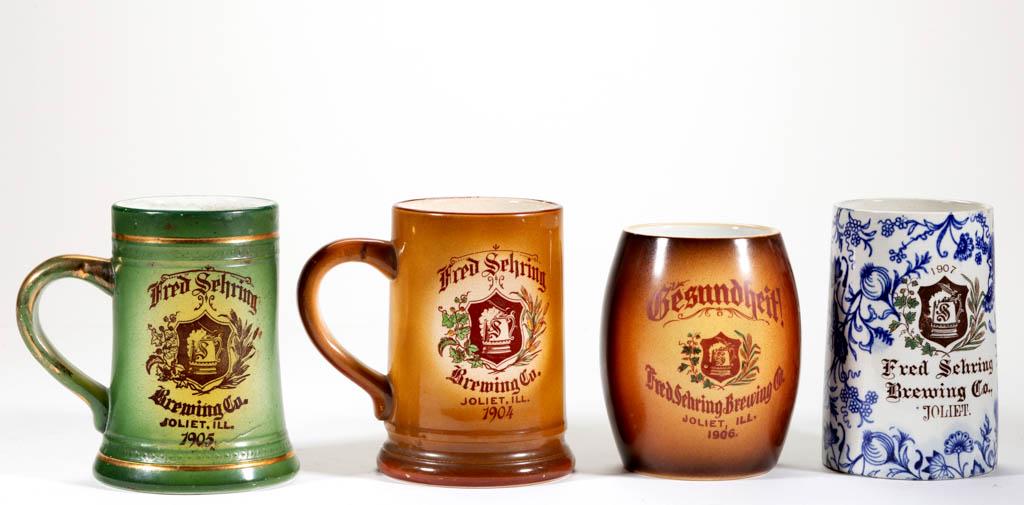AMERICAN "FRED SEHRING BREWING CO." ADVERTISING CERAMIC: AMERICAN "FRED SEHRING BREWING CO." ADVERTISING CERAMIC STEINS / MUGS, LOT OF FOUR, each having brown transfer images featuring a frothing stein with hops and barley, comprising 1904, 1905, 1906, and 