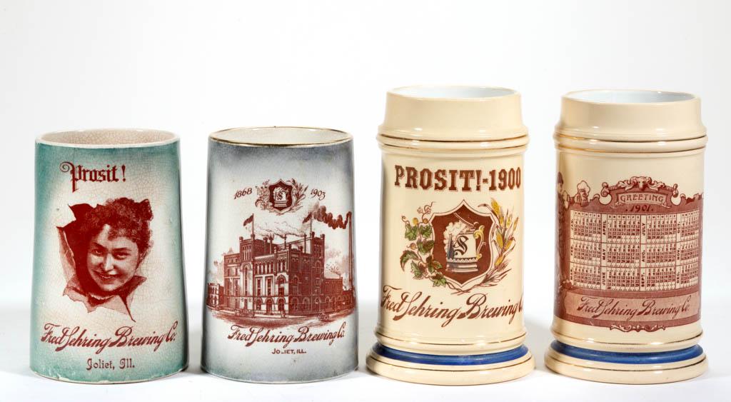 AMERICAN "FRED SEHRING BREWING CO." ADVERTISING CERAMIC: AMERICAN "FRED SEHRING BREWING CO." ADVERTISING CERAMIC STEINS / MUGS, LOT OF FOUR, each having brown transfer images with gilt decoration, comprising two having cream ground with a blue banded base, 