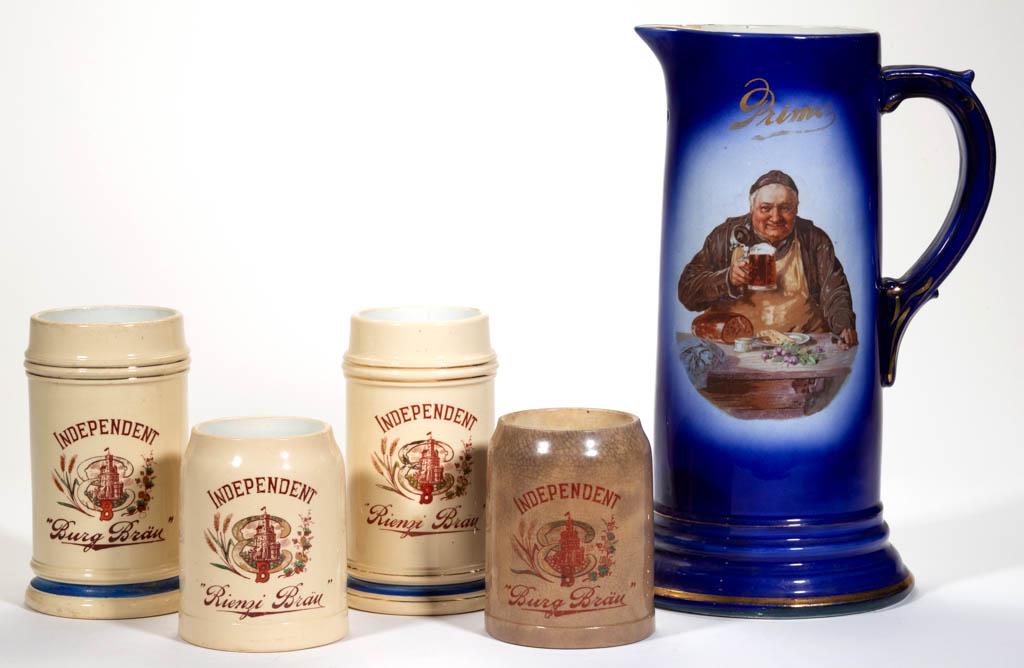 AMERICAN INDEPENDENT BREWERY, CHICAGO, ILLINOIS: AMERICAN INDEPENDENT BREWERY, CHICAGO, ILLINOIS ADVERTISING CERAMIC DRINKING ARTICLES, LOT OF FIVE, comprising four steins/mugs, each having central brownish red transfer image of a castle with "B" be