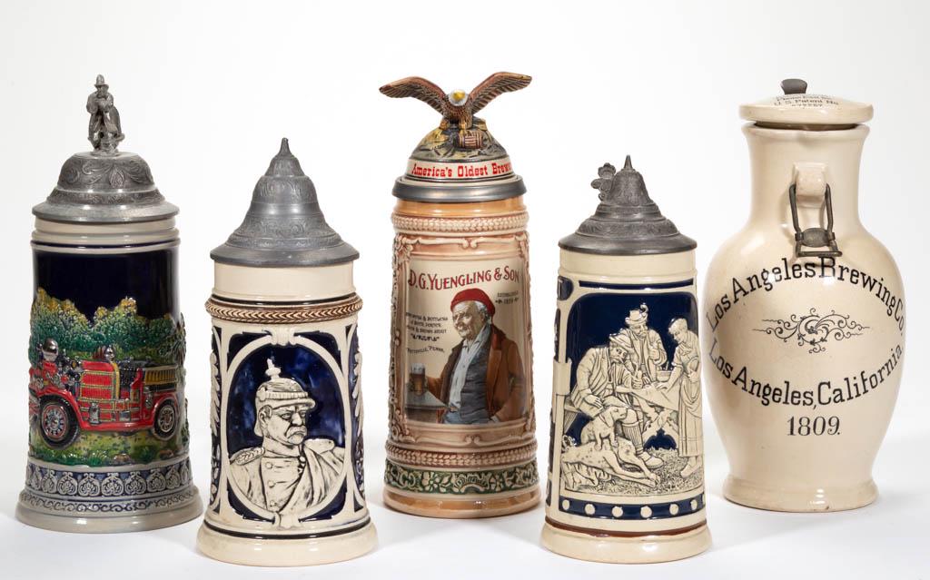 GERMAN CERAMIC STEINS, LOT OF FOUR: GERMAN CERAMIC STEINS, LOT OF FOUR, each having relief decorations, including one example featuring polychrome fire engine design with molded fireman applied to lid and a fireman's helmet thumbrest, o
