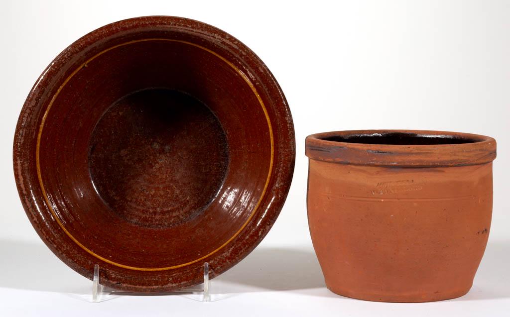 AMERICAN REDWARE / EARTHENWARE ARTICLES, LOT OF TWO: AMERICAN REDWARE / EARTHENWARE ARTICLES, LOT OF TWO, comprising an approximately 1/4" gallon wide-mouth form crock, stamped "JOHN BELL / WAYNESBORO", and a bowl having slanted sides with interior yell