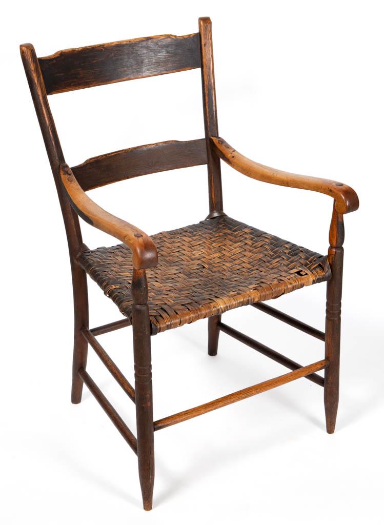 SHENANDOAH VALLEY OF VIRGINIA PAINTED SPLIT-BOTTOM: SHENANDOAH VALLEY OF VIRGINIA PAINTED SPLIT-BOTTOM ARMCHAIR, two-slat back, shaped arm rests, box stretcher, front legs with simple turnings, having likely original woven white-oak-splint seat. Retain