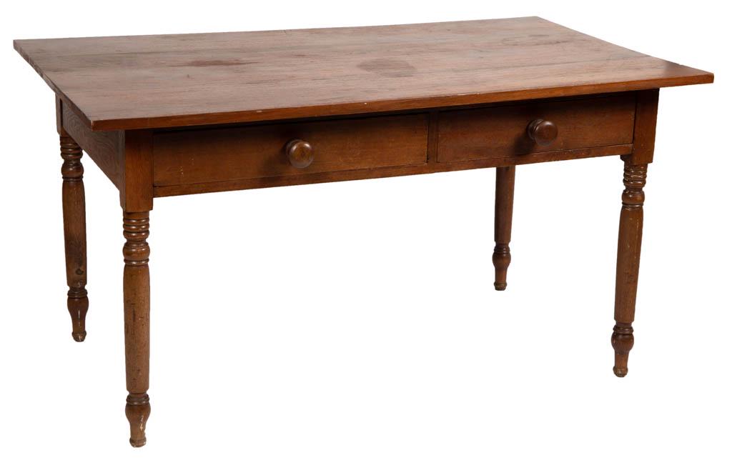 VIRGINIA LATE FEDERAL WALNUT WORK TABLE: VIRGINIA LATE FEDERAL WALNUT WORK TABLE, rectangular top over two short drawers with likely original turned wooden knobs, raised on turned legs. Yellow pine secondary wood. Old surface with warm color