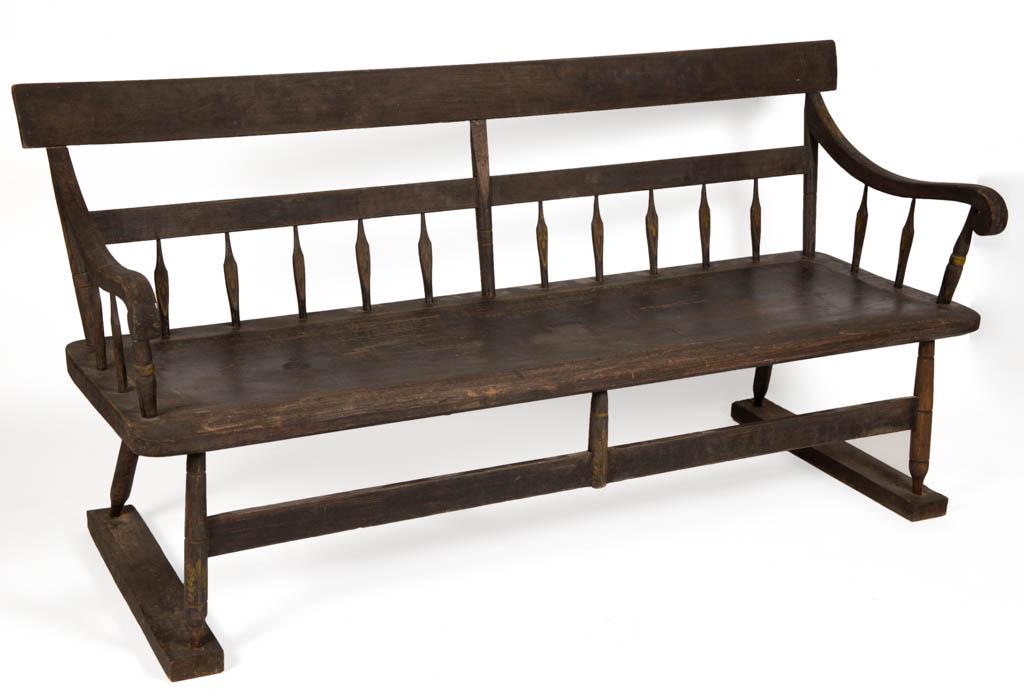 AMERICAN PAINT-DECORATED LATE WINDSOR SETTEE / BENCH: AMERICAN PAINT-DECORATED LATE WINDSOR SETTEE / BENCH, double back with two tablets above two groups of five half spindles, thick plank seat. Retains original black-painted surface with stenciled decor