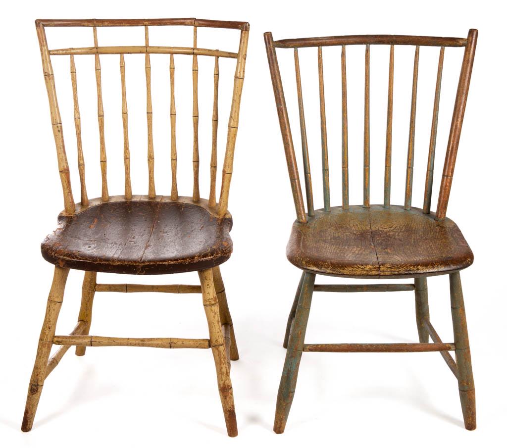 AMERICAN ROD-BACK PAINTED WINDSOR SIDE CHAIRS, LOT OF: AMERICAN ROD-BACK PAINTED WINDSOR SIDE CHAIRS, LOT OF TWO, each with plank seat, one example with bamboo-turnings. Each retains an old painted surface. First half 19th century. Bamboo-turned example 1