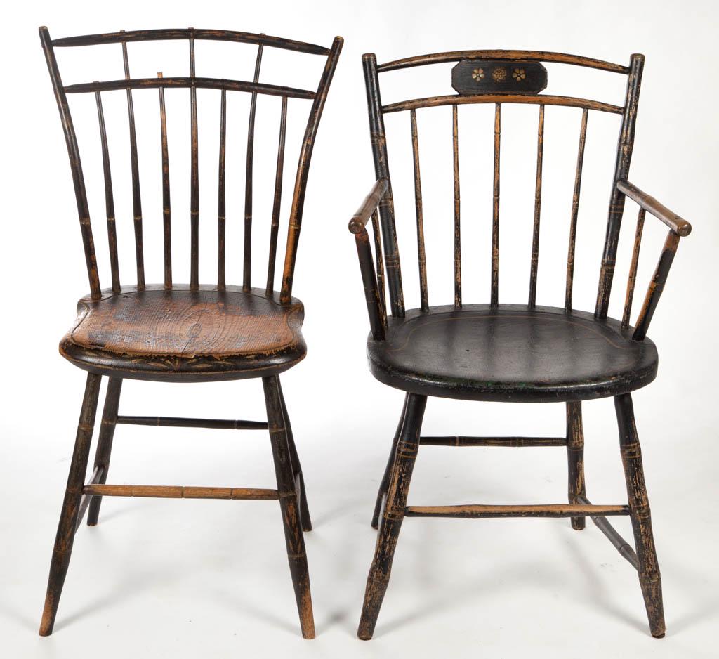 AMERICAN PAINTED BIRD-CAGE WINDSOR SIDE CHAIRS, LOT OF: AMERICAN PAINTED BIRD-CAGE WINDSOR SIDE CHAIRS, LOT OF TWO, including one inscribed to the underside of the seat "Grottoes, VA / 1993". Each retains an old black-painted surface, including one with st