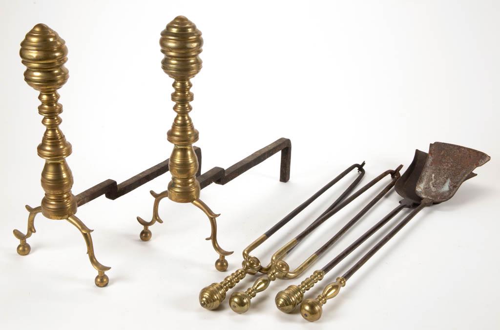 BRASS AND IRON FIREPLACE ARTICLES, LOT OF SIX: BRASS AND IRON FIREPLACE ARTICLES, LOT OF SIX, comprising a pair of Federal-style andirons with baluster form, scroll legs, and ball feet, and four assorted tools consisting two sets of matching handl