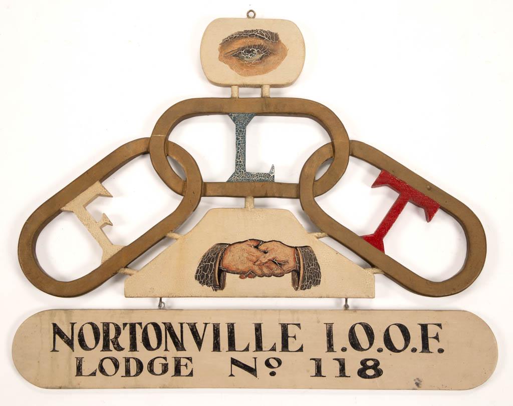 AMERICAN FOLK ART ODD FELLOWS / LODGE PAINTED WOODEN: AMERICAN FOLK ART ODD FELLOWS / LODGE PAINTED WOODEN SIGN, design featuring an eye above interlocking chains, over shaking hands, marked for "NORTONVILLE I.O.O.F. / LODGE No. 118", and on the reverse 