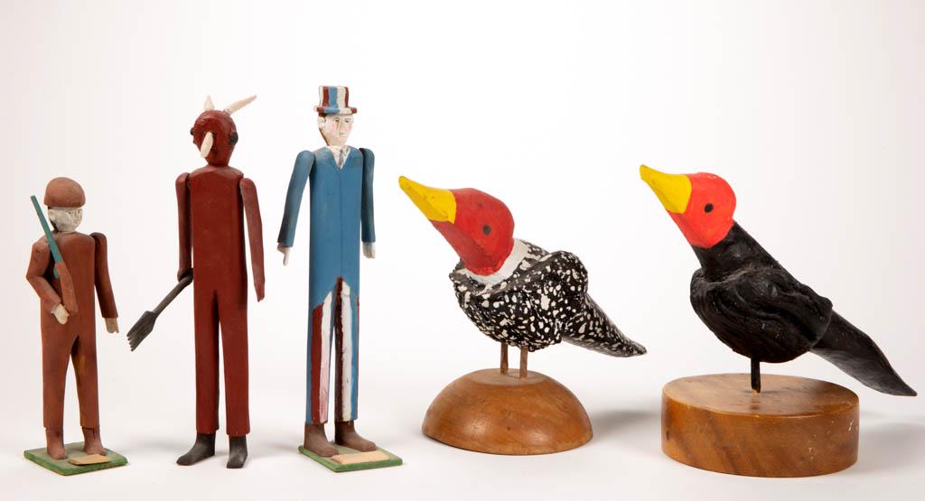 ASSORTED AMERICAN OUTSIDER ART CARVED AND PAINTED: ASSORTED AMERICAN OUTSIDER ART CARVED AND PAINTED FIGURES, LOT OF FIVE, including two birds signed by John Gilley, and an Uncle Sam figure signed to underside of base "Fred Webster, Berry, Ala", havin