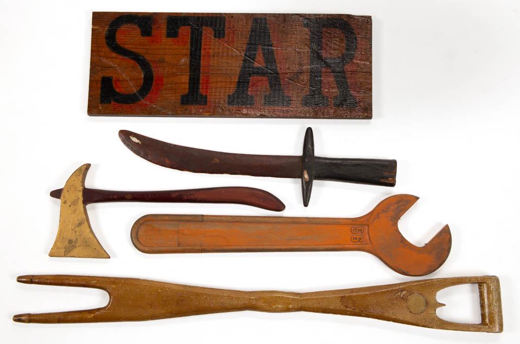 FOLK ART CARVED AND PAINTED ARTICLES, LOT OF FOUR: FOLK ART CARVED AND PAINTED ARTICLES, LOT OF FOUR, comprising a washing stick, knife, axe, and wrench. Each retain original painted surface. Together with a partial "STAR" shipping crate. Five pieces 