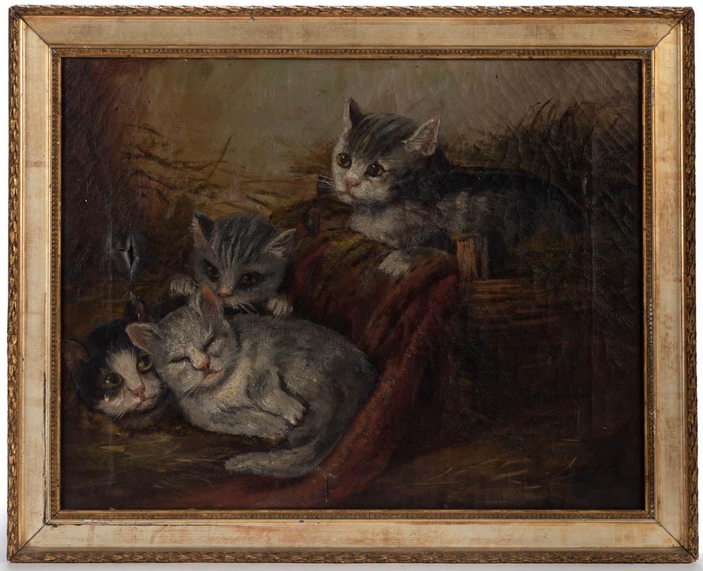 AMERICAN SCHOOL (19TH CENTURY) FOLK ART CAT PAINTING: AMERICAN SCHOOL (19TH CENTURY) FOLK ART CAT PAINTING, oil on canvas, depicting three kittens trying to wake up another, no signature located. Housed in likely original gilt-molded frame. Fourth quarte