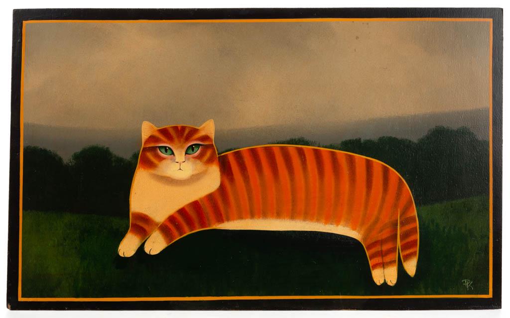 PAUL KITCHIN (VIRGINIA, 1954-2002) FOLK ART CAT: PAUL KITCHIN (VIRGINIA, 1954-2002) FOLK ART CAT PAINTING, oil on panel, depicting a reclining orange tabby cat in a green landscape setting, painted black and yellow border along all four sides, signe