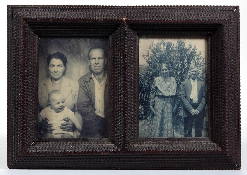 AMERICAN FOLK / TRAMP ART CARVED PICTURE FRAME: AMERICAN FOLK / TRAMP ART CARVED PICTURE FRAME, step chip carving, later glass and magazine cut-outs. Excellent original surface. Fourth quarter 19th/early 20th century. 11" x 15 1/2". Very good overa