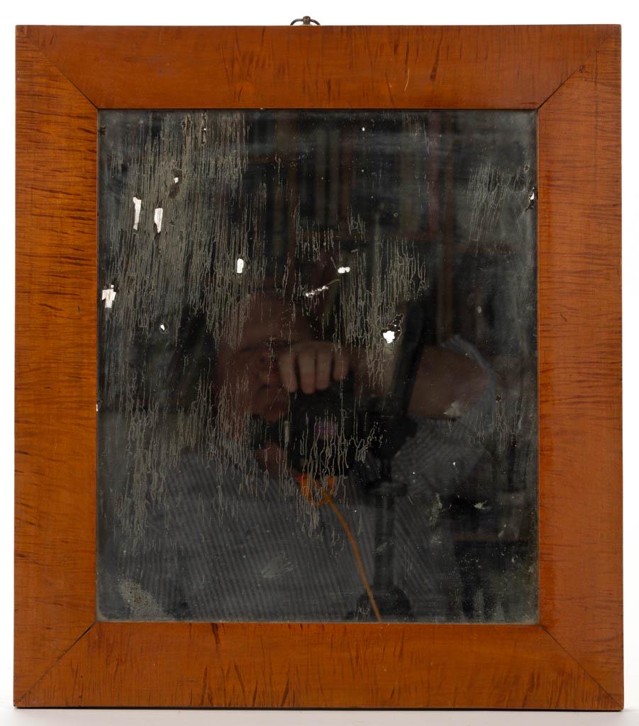 TIGER MAPLE PICTURE FRAMES, LOT OF TWO: TIGER MAPLE PICTURE FRAMES, LOT OF TWO, each rectangular form. Together with a wall mirror having tiger maple veneer. Three pieces total. 19th century. Frame with backing board 11 1/2" x 9 1/2" sight,