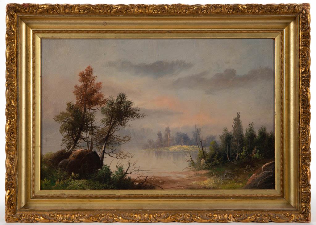 AMERICAN HUDSON RIVER SCHOOL LANDSCAPE PAINTING: AMERICAN HUDSON RIVER SCHOOL LANDSCAPE PAINTING, oil on academy board, with an illegible signature on the back and dated "1871". Housed in likely original gilt molded frame. Dated 1871. 11 3/4" x 17 3