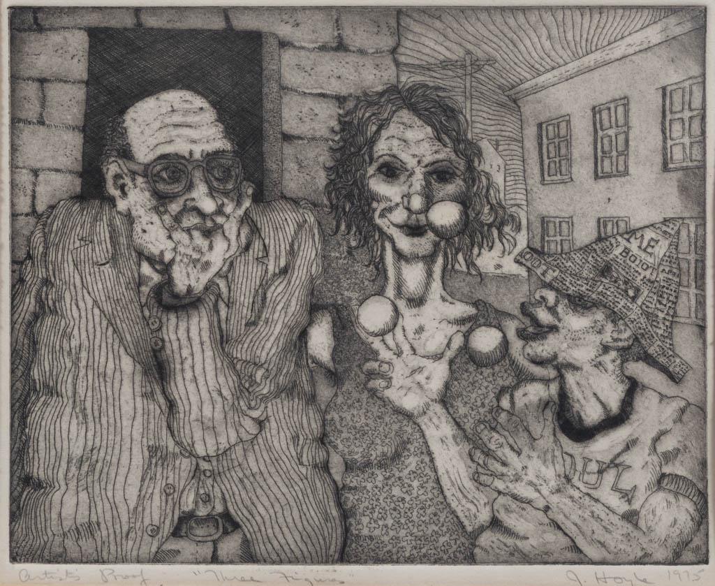 JOHN HOYLE (ALEXANDRIA, VIRGINIA) "THREE FIGURES" PRINT: JOHN HOYLE (ALEXANDRIA, VIRGINIA) "THREE FIGURES" PRINT, engraving on paper, pencil signed, titled, and inscribed "Artistâ€™s Proof", "Three Figures", and "J. Hoyle 1975". Housed under glass in p
