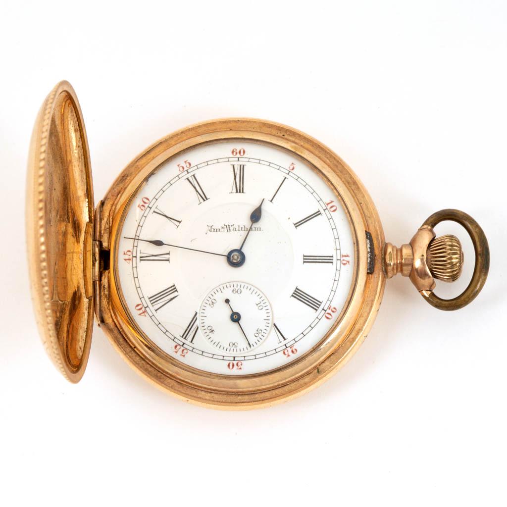 WALTHAM 11-JEWEL MODEL 1890 POCKET WATCH: WALTHAM 11-JEWEL MODEL 1890 POCKET WATCH, W grade, (updated 2/28/20) in 14K gold-filled hunter case marked "KEYSTONE / WATCH CASE" and "GUARANTEED / J. BOSS 14K / 25 years", having fine engraved decor
