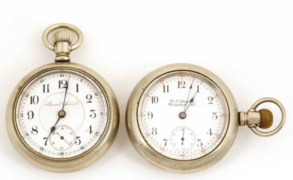 ILLINOIS WATCH CO. 15 AND 17 JEWEL POCKET WATCHES, LOT: ILLINOIS WATCH CO. 15 AND 17 JEWEL POCKET WATCHES, LOT OF TWO, comprising a Model 6, grade 64, Stewart Special variation, size 18 example in a "SILVERODE / 4096"open-faced case, serial no. 1482722, an