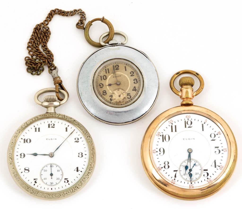 ASSORTED ELGIN POCKET WATCHES, LOT OF THREE: ASSORTED ELGIN POCKET WATCHES, LOT OF THREE, including a 19-Jewel, Model 15, grade 372, B.W. Raymond variation, size 16s example in a "Philadelphia Watch Case Co. / Twenty years / 8773993" case, seria