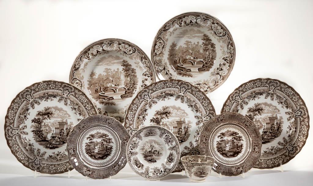 ENGLISH STAFFORDSHIRE BROWN TRANSFER-PRINTED CERAMIC: ENGLISH STAFFORDSHIRE BROWN TRANSFER-PRINTED CERAMIC PLATES, LOT OF SEVEN, comprising three examples featuring "Milanese Villas" #02 design, as printed to underside, two 7" D examples having "COLOGNE"