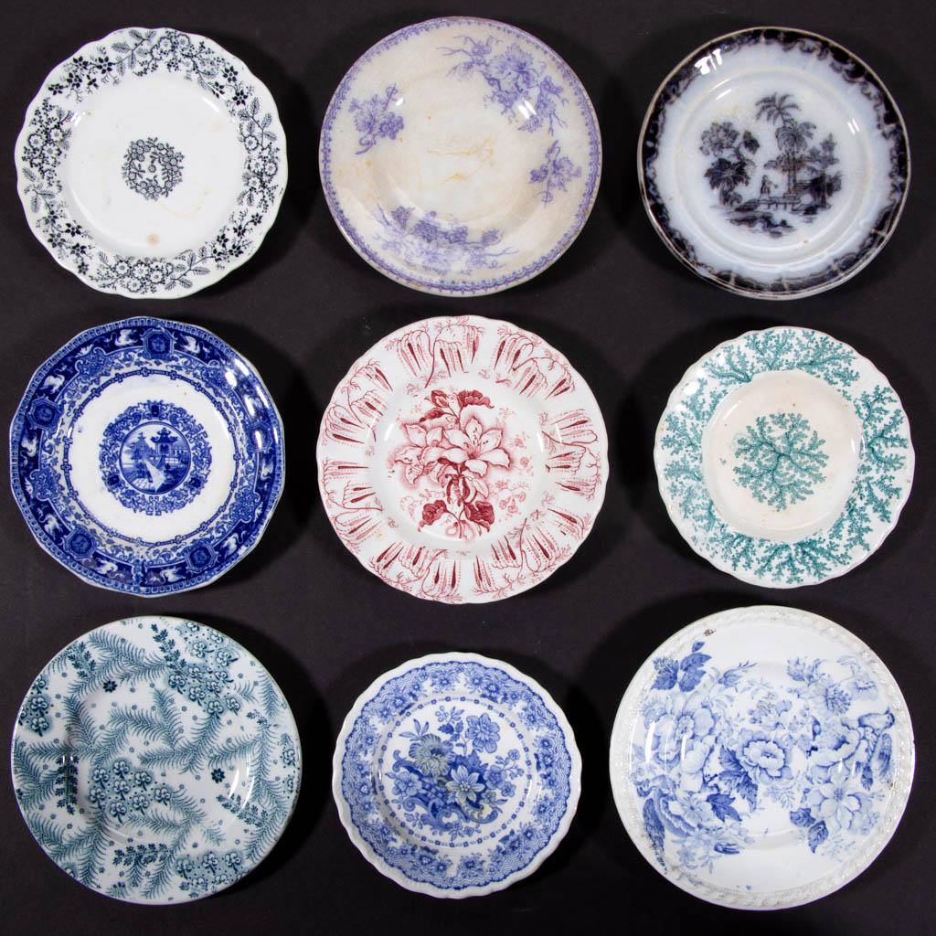 ENGLISH STAFFORDSHIRE TRANSFER-PRINTED CERAMIC TOY /: ENGLISH STAFFORDSHIRE TRANSFER-PRINTED CERAMIC TOY / CUP PLATES, LOT OF NINE, including five having floral motif, one blue transfer example having "Chinese Gem" pattern, one Flow Mulberry example with